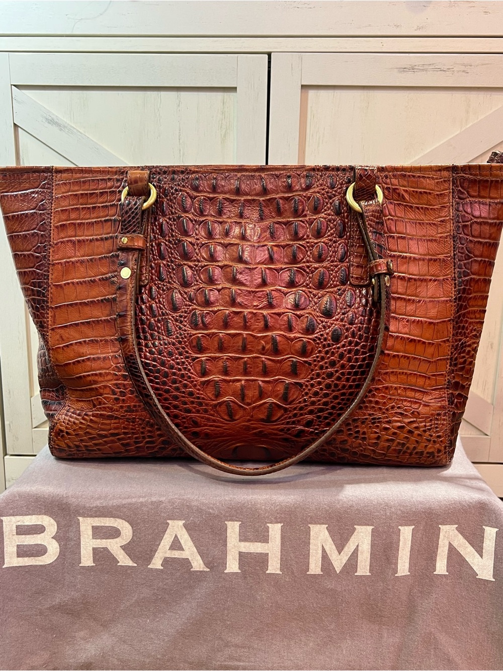 BRAHMIN Medium Asher Pecan Melbourne croc-embossed leather tote Gold hardware - Picture 2 of 15